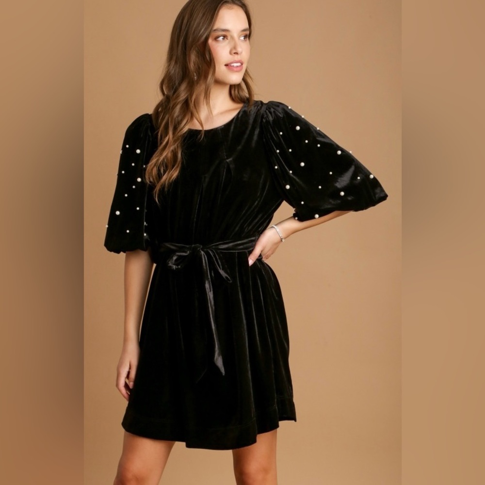 NWT UMGEE Pearl Beaded Balloon Puff Sleeve Velvet Holiday Party Waist Tie Dress